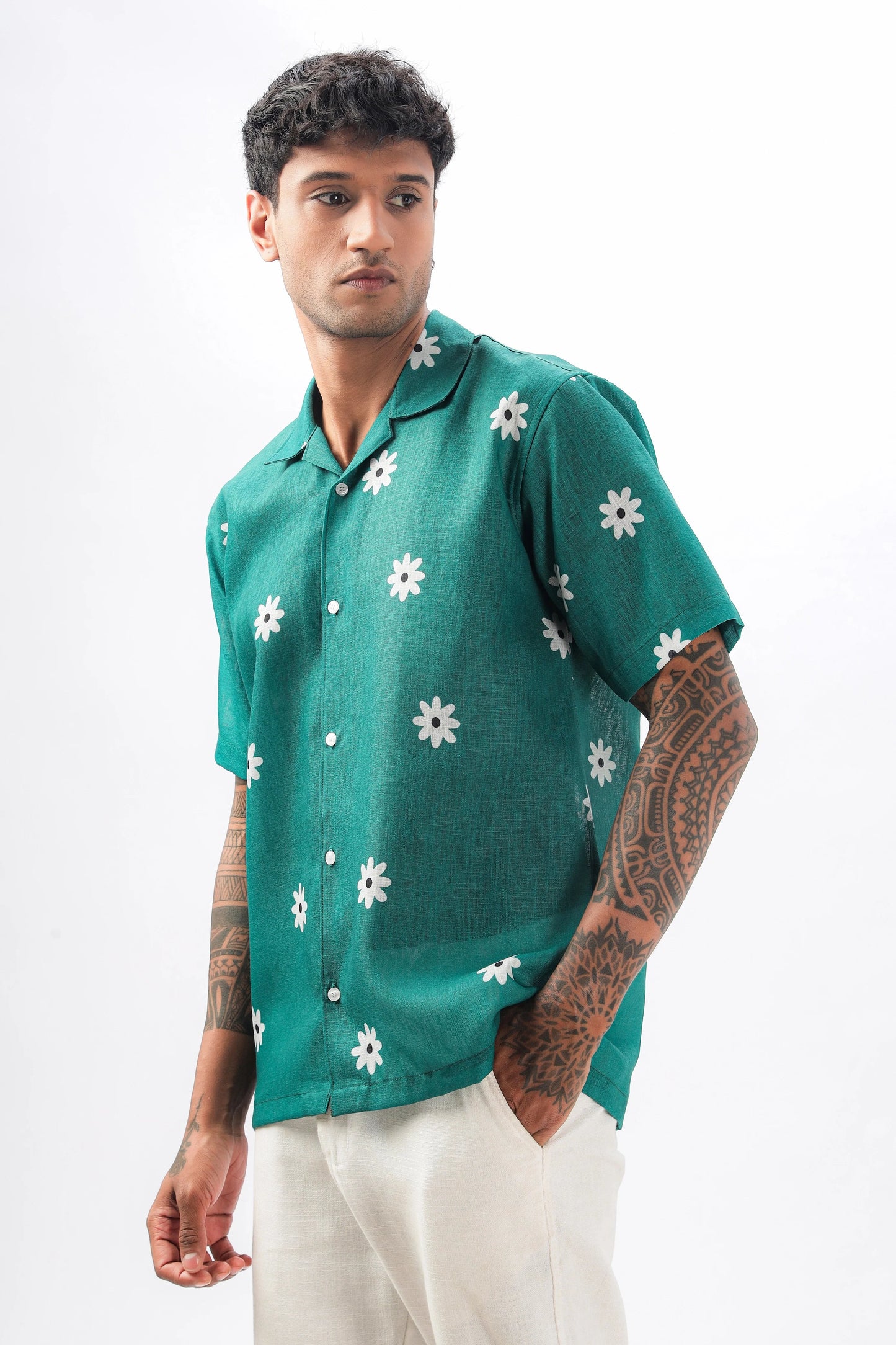 Green flower printed linen shirt