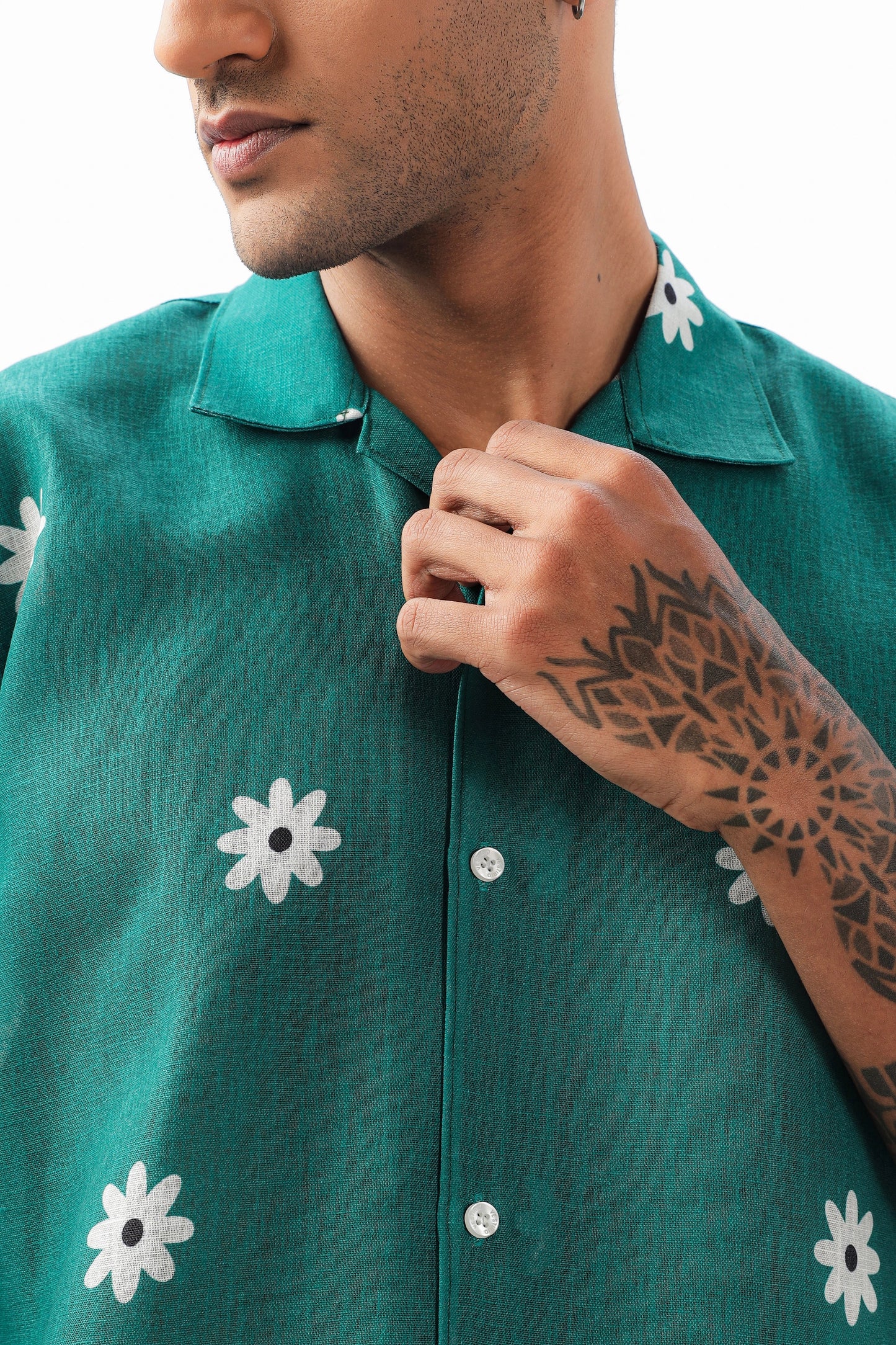 Green flower printed linen shirt