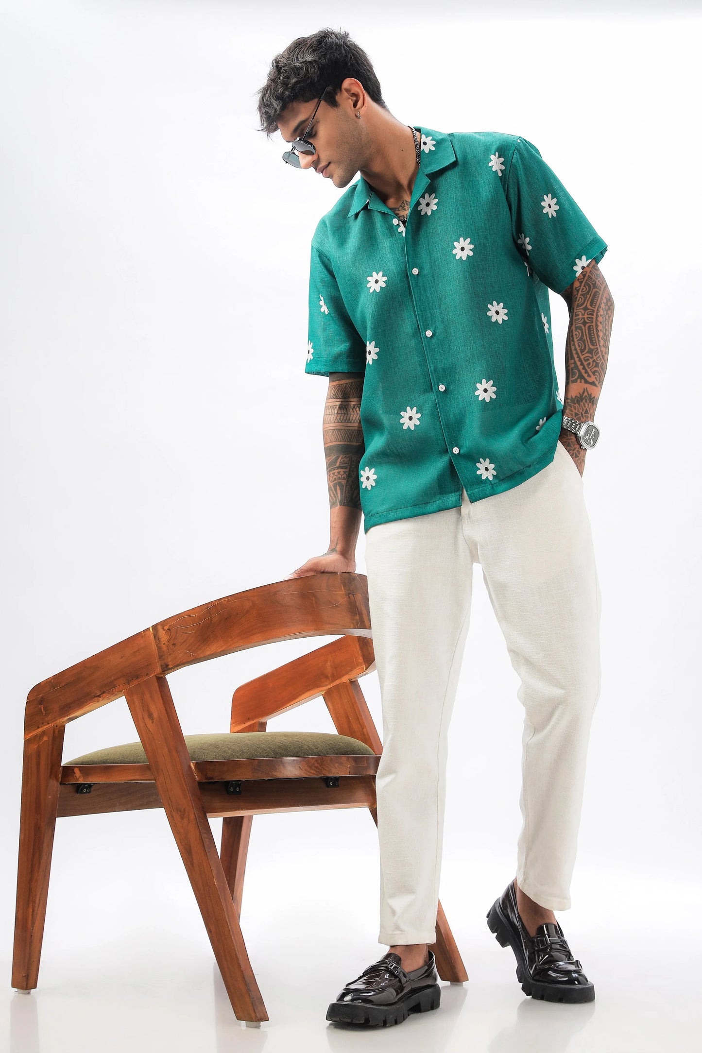 Green flower printed linen shirt