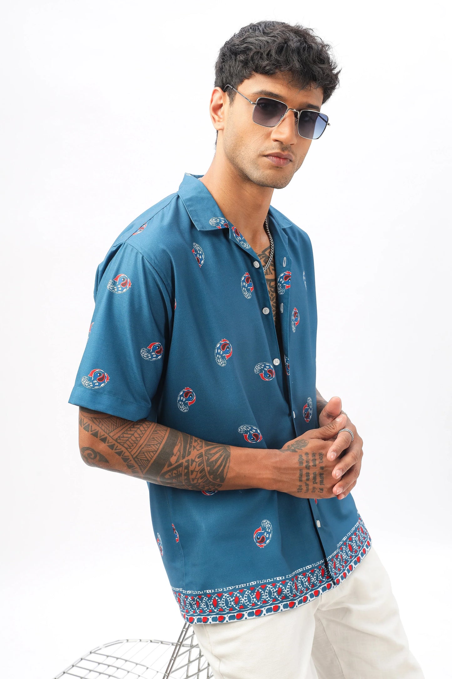Blue paisley printed camp collar shirt