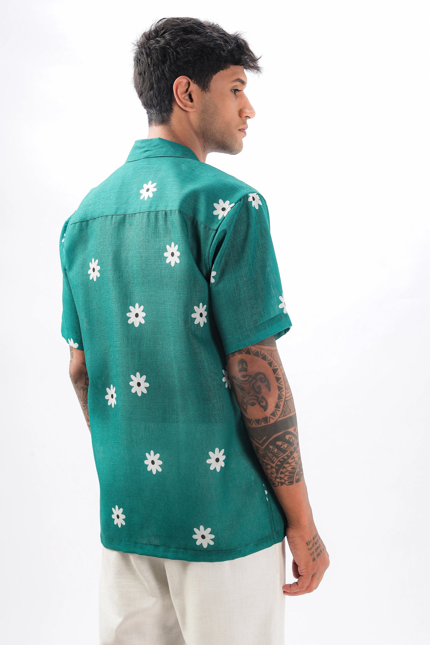 Green flower printed linen shirt