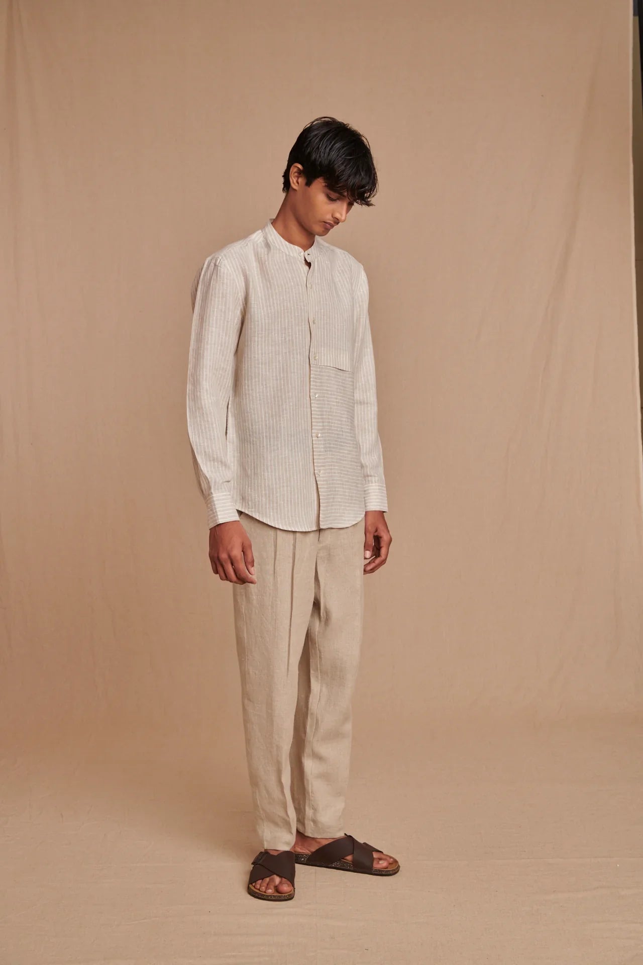 Undyed Linen Men's Pleated Tappered Pants