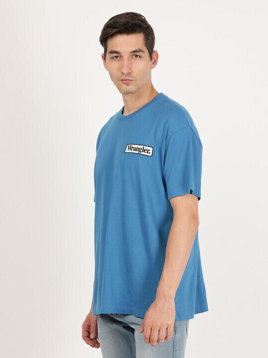 Wrangler Men Solid Blue Crew Neck Relaxed Fit T-Shirt