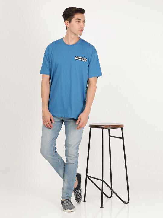 Wrangler Men Solid Blue Crew Neck Relaxed Fit T-Shirt