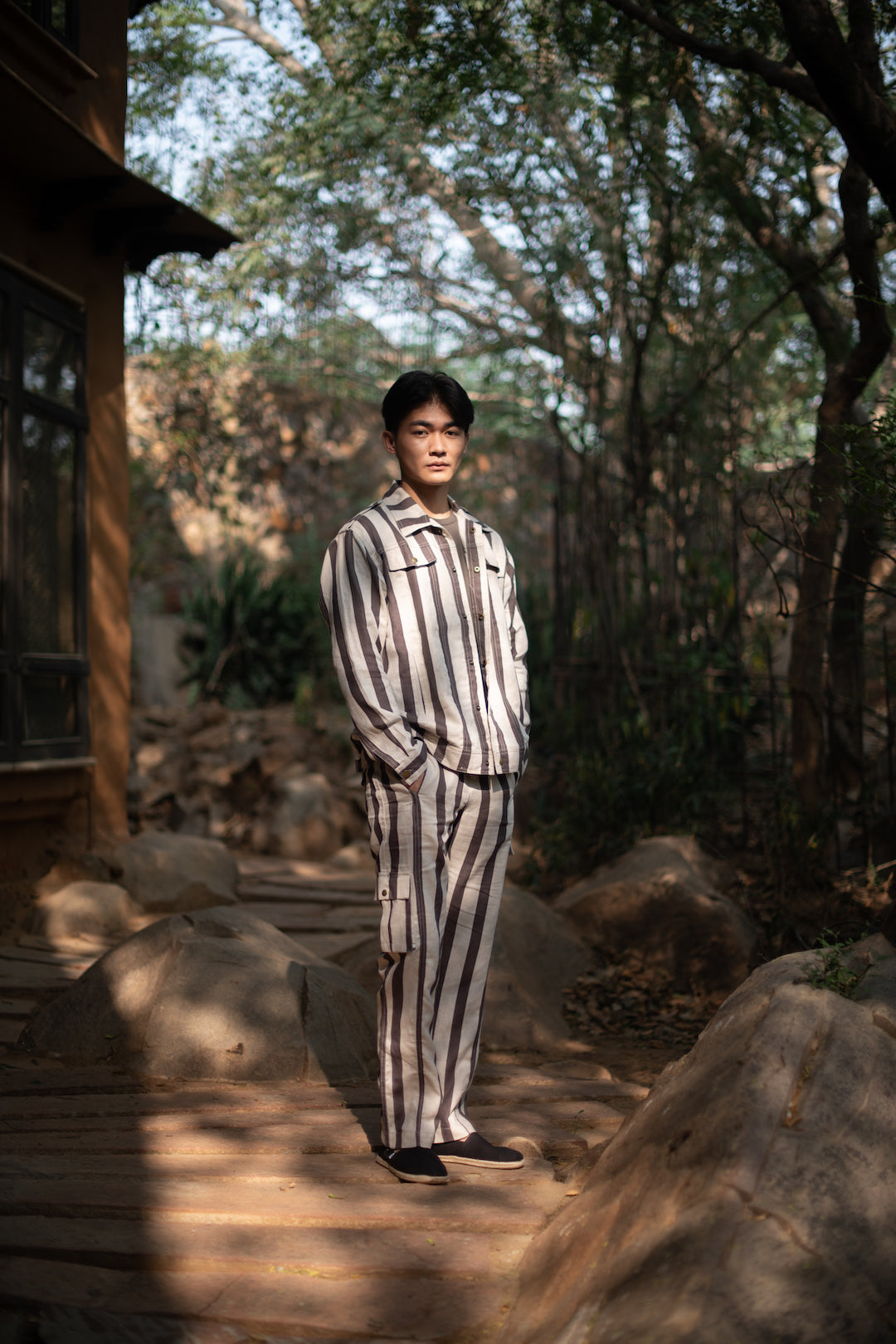 The Terra Tribe Grey Linen Twill Stripes Fuji Worker Pants for Men