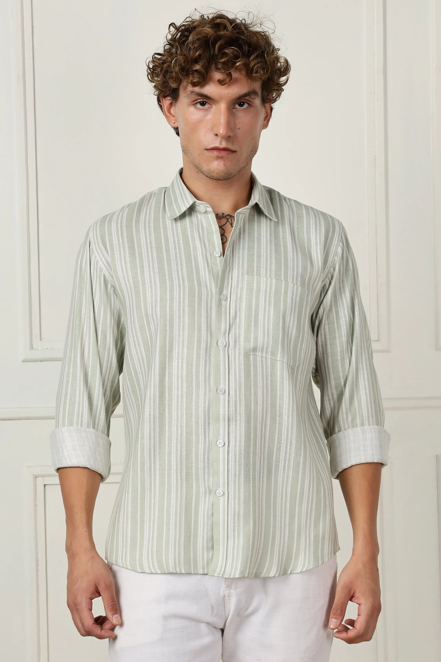 parrot green stripe printed full sleeve linen shirt