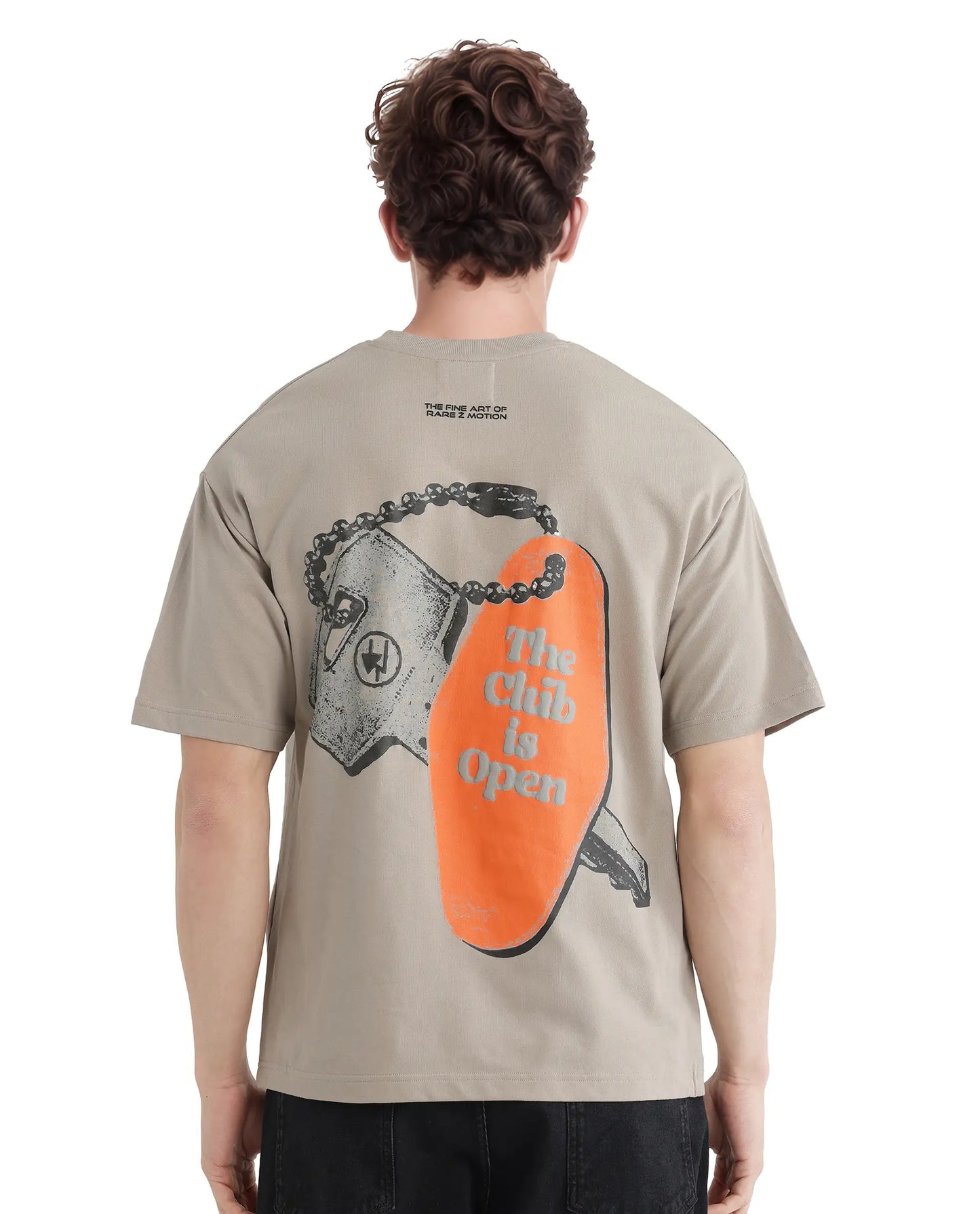 Rare Rabbit Men Beige Graphic Back Print Oversized Fit T-Shirt – Clay