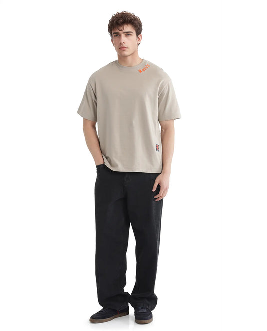 Rare Rabbit Men Beige Graphic Back Print Oversized Fit T-Shirt – Clay