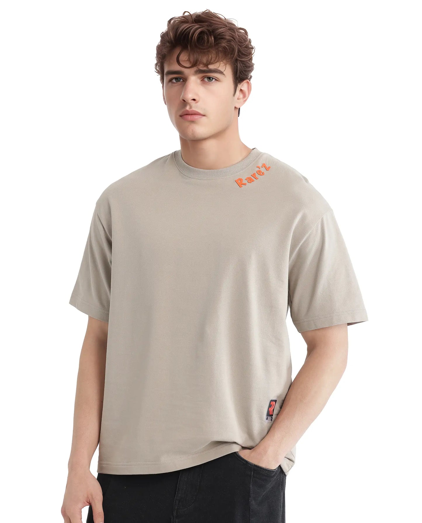Rare Rabbit Men Beige Graphic Back Print Oversized Fit T-Shirt – Clay