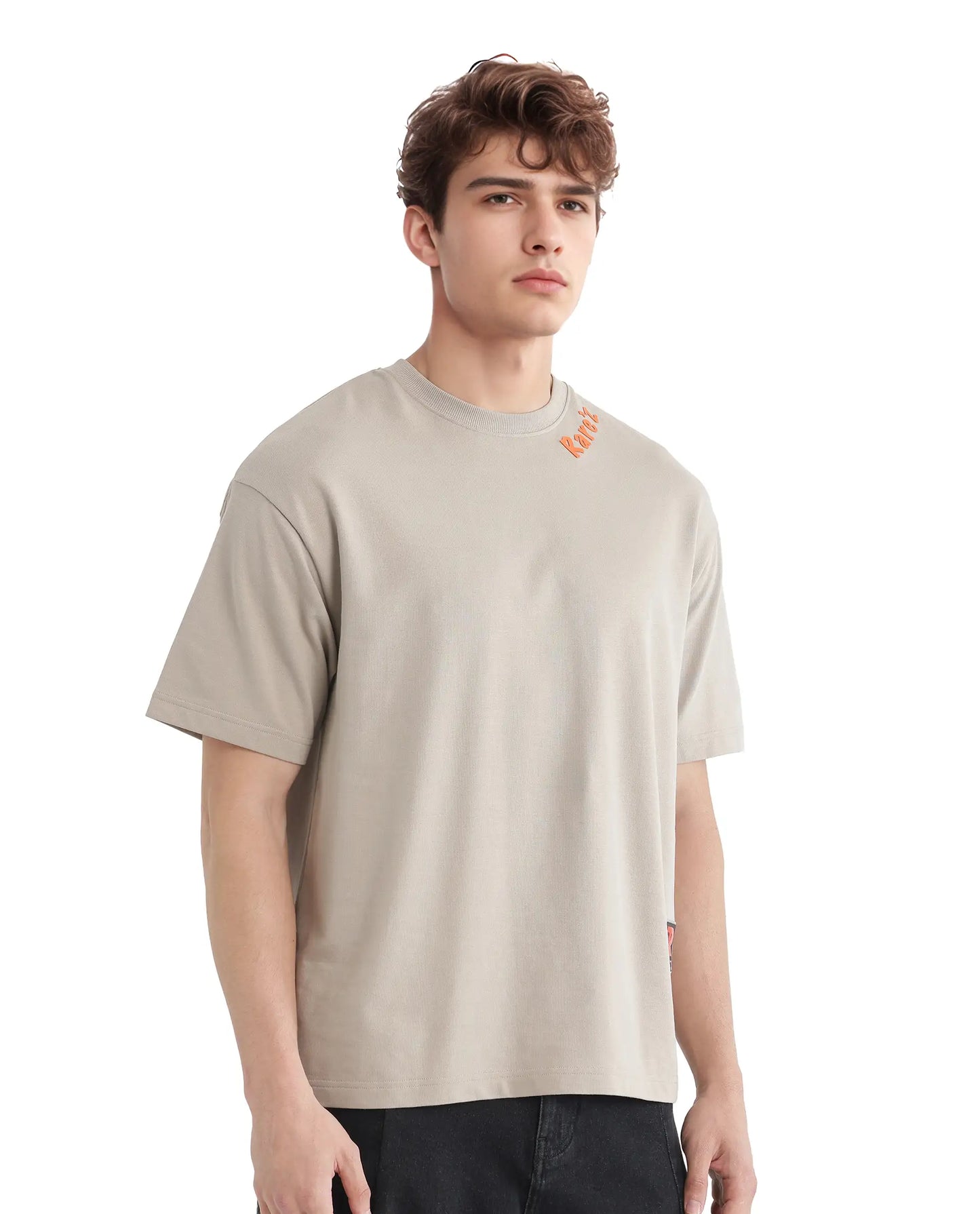 Rare Rabbit Men Beige Graphic Back Print Oversized Fit T-Shirt – Clay