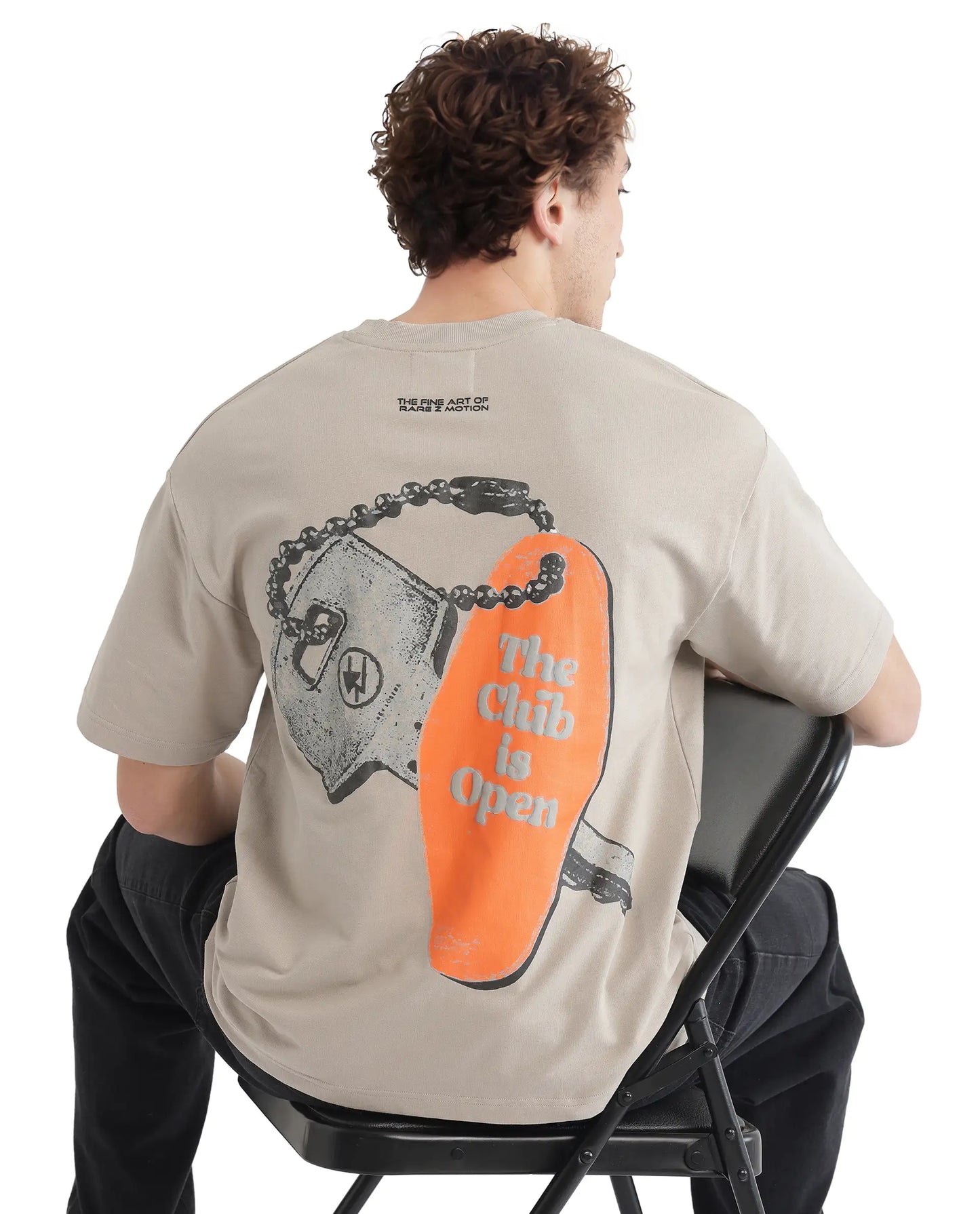 Rare Rabbit Men Beige Graphic Back Print Oversized Fit T-Shirt – Clay