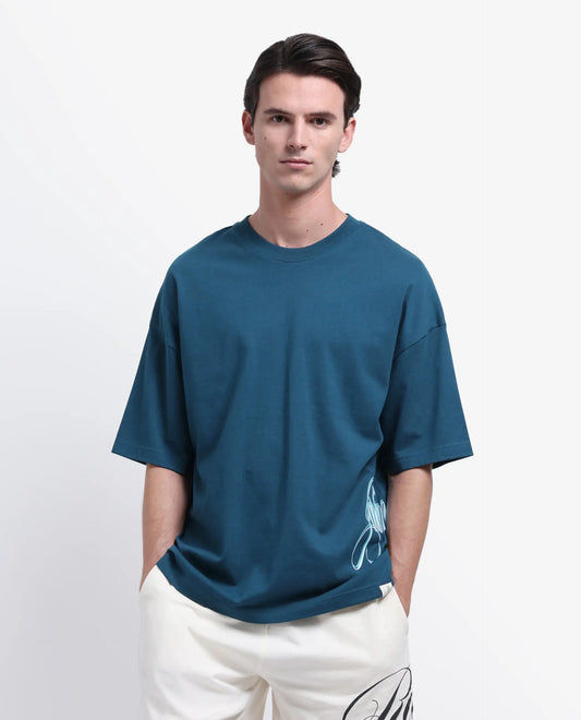 Rare Rabbit Men Dark Teal Oversized Casual Graphic T-Shirt – SIWA