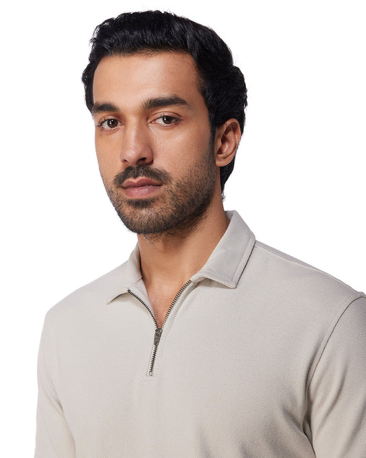 Signature Zipper Polo T-Shirt - Light Grey
