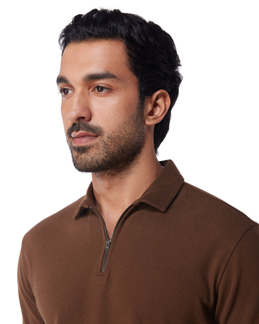 Signature Zipper Polo T-Shirt - Dark Brown