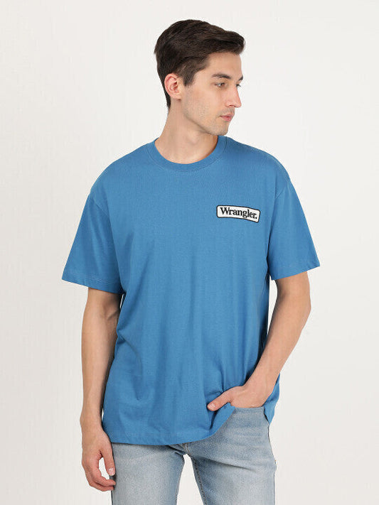 Wrangler Men Solid Blue Crew Neck Relaxed Fit T-Shirt