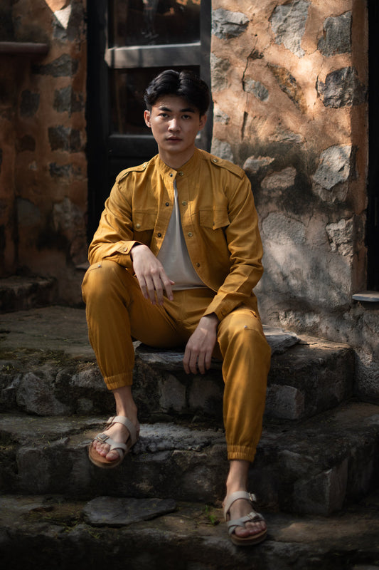 The Terra Tribe Mustard Linen Twill Sunrise Worker Pants for Men
